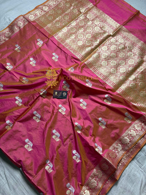 Dual Shade Pink Pure Katan Silk Handloom Banarasi Saree - All Over Kadhua Motifs