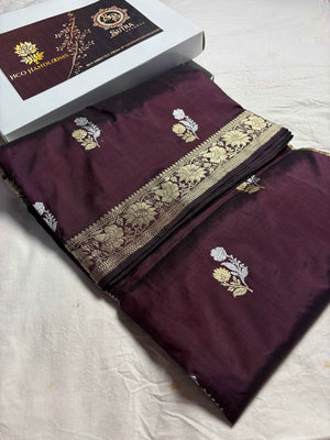 Wine Pure Katan Silk Handloom Banarasi Saree - All Over Kadhua Motifs