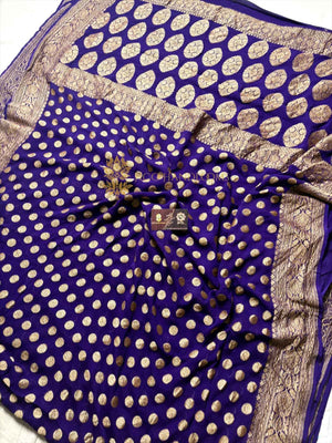Purple Pure Khaddi Georgette Silk Handloom Banarasi Saree - Antique Zari