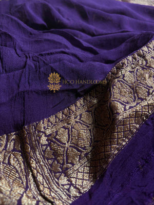 Purple Pure Khaddi Georgette Silk Handloom Banarasi Saree - Antique Zari