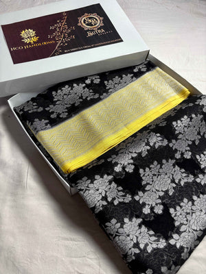 Black Pure Khaddi Georgette Silk Handloom Banarasi Saree - Silver Zari