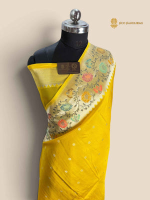 Yellow Matka Tussar Silk Banarasi Saree - All Over Motifs & Paithani