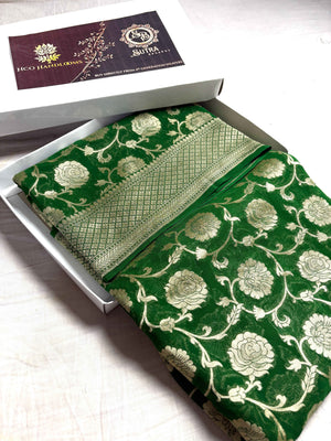 Green Pure Khaddi Georgette Silk Handloom Banarasi Saree - Water Zari