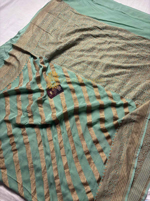 Sea Green Pure Khaddi Georgette Silk Handloom Banarasi Saree - Antique Zari