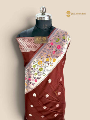 Brown Matka Tussar Silk Banarasi Saree - All Over Motifs & Paithani