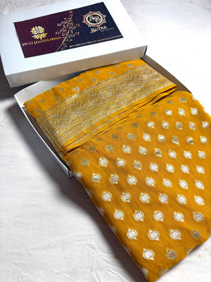 Gold Pure Khaddi Georgette Silk Handloom Banarasi Saree - Silver Zari