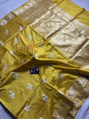 Yellow Pure Katan Silk Handloom Banarasi Saree - All Over Kadhua Motifs