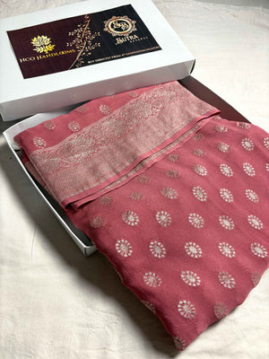 Onion Pink Pure Khaddi Georgette Silk Handloom Banarasi Saree - Water Zari