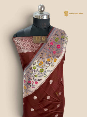 Brown Matka Tussar Silk Banarasi Saree - All Over Motifs & Paithani