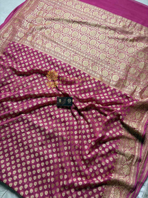 Carrot Pink Pure Khaddi Georgette Silk Handloom Banarasi Saree - Gold Zari