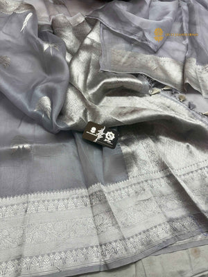 Grey Pure Kora Silk Handloom Banarasi Saree - All Over Kadhua Motifs