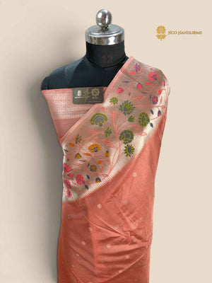 Peach Matka Tussar Silk Banarasi Saree - All Over Motifs & Paithani