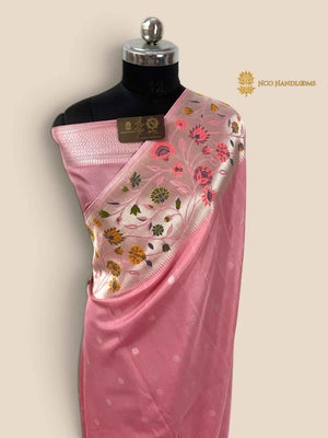 Pastel Pink Matka Tussar Silk Banarasi Saree - All Over Motifs & Paithani