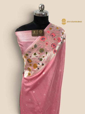 Pastel Pink Matka Tussar Silk Banarasi Saree - All Over Motifs & Paithani