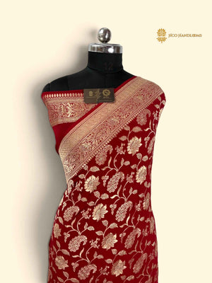Red Pure Khaddi Georgette Silk Handloom Banarasi Saree