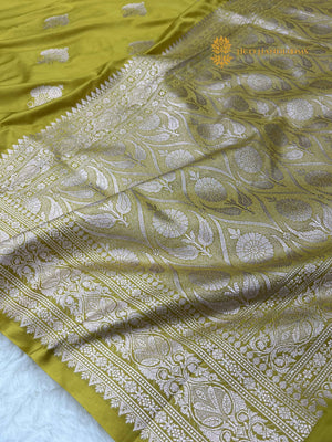 Mustard Green Premium Mashru Katan Silk Banarasi Saree - All Over Motifs