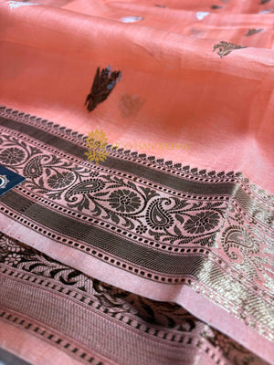 Peach Pure Kora Silk Handloom Banarasi Saree - All Over Kadhua Motifs