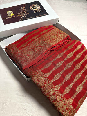 Red Pure Khaddi Georgette Silk Handloom Banarasi Saree - Antique Zari