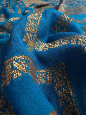 Firozi Pure Khaddi Georgette Handloom Banarasi Saree - Antique Zari
