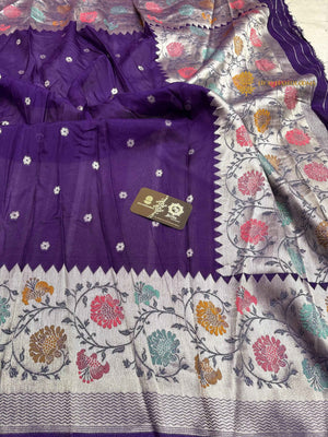 Purple Matka Tussar Silk Banarasi Saree - All Over Motifs & Paithani