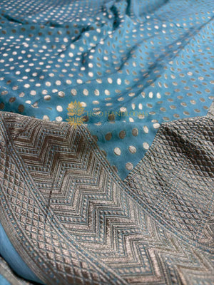 Sky Blue Pure Khaddi Georgette Silk Handloom Banarasi Saree - Gold Zari