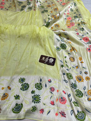 Pastel Lime Matka Tussar Silk Banarasi Saree - All Over Motifs & Paithani