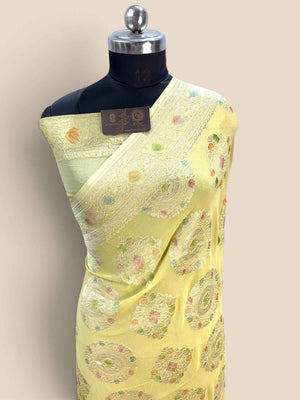 Yellow Pure Khaddi Georgette Silk handloom Banarasi Saree - Water Zari