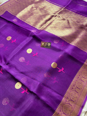 Purple Pure Kora Silk Handloom Banarasi Saree - All Over Kadhua Motifs