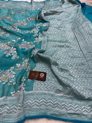 Light Blue Pure Khaddi Georgette Silk handloom Banarasi Saree - Water Zari