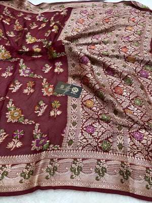Maroon Pure Khaddi Chiffon Silk Banarasi Saree - Floral Motifs
