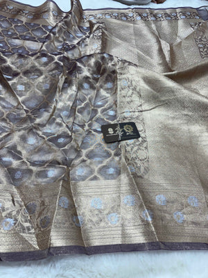 Mauve Pure Tissue Silk Handloom Banarasi Saree - Jaal Motifs