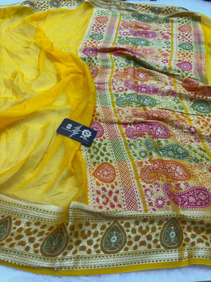 Yellow Pure Khaddi Chiffon Silk Banarasi Saree - Heavy Pallu