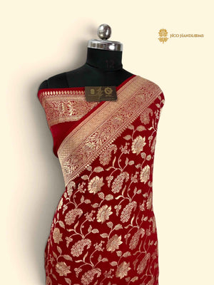 Red Pure Khaddi Georgette Silk Handloom Banarasi Saree