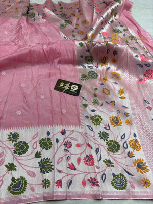 Pastel Pink Matka Tussar Silk Banarasi Saree - All Over Motifs & Paithani
