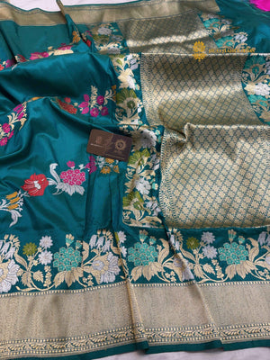 Teal Green Pure Katan Silk Handloom Banarasi Saree - All Over Meenakari Aada