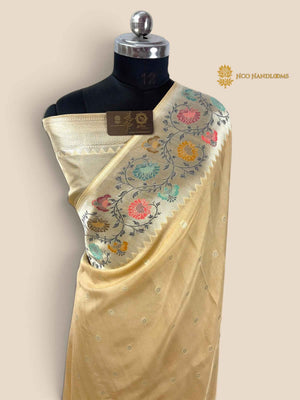 Ivory Matka Tussar Silk Banarasi Saree - All Over Motifs & Paithani
