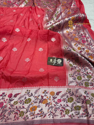 Pastel Red Matka Tussar Silk Banarasi Saree - All Over Motifs & Paithani