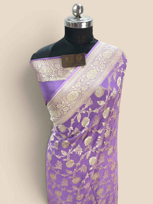 Lavender Pure Khaddi Georgette Silk handloom Banarasi Saree - Water Zari