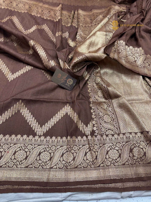 Brown Pure Tussar Silk Handloom Banarasi Saree - Zig-Zag Pattern