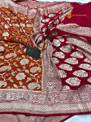 Orange & Red Pure Khaddi Georgette Silk Handloom Banarasi Saree