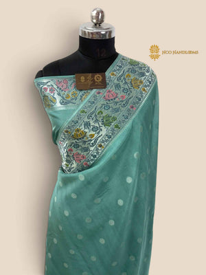 Pastel Blue Matka Tussar Silk Banarasi Saree - All Over Motifs & Paithani