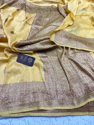 Yellow Pure Tussar Silk Handloom Banarasi Saree - All Over Motifs