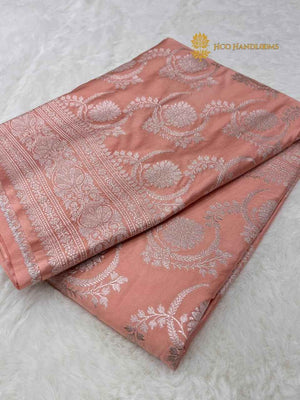 Peach Premium Mashru Katan Silk Banarasi Saree - All Over Jaal