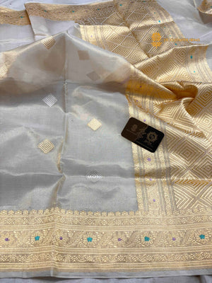 Regal Ivory Pure Kora Tissue Silk Handloom Banarasi Saree - All Over Kadhua Motifs