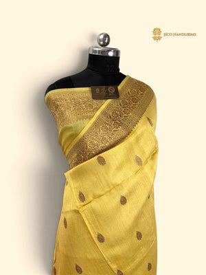 Yellow Pure Tussar Silk Handloom Banarasi Saree - All Over Motifs