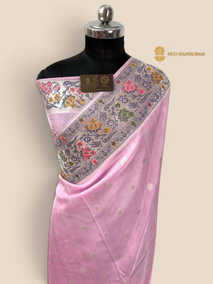 Pastel Pink Matka Tussar Silk Banarasi Saree - All Over Motifs & Paithani
