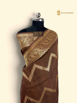 Brown Pure Tussar Silk Handloom Banarasi Saree - Zig-Zag Pattern