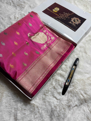 Pure Katan Silk Handloom Banarasi Saree - All Over Kadhua Motifs with Konya