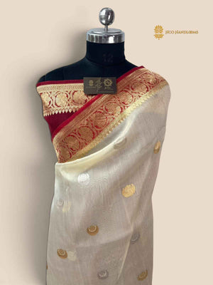 Pure Kora Silk Handloom Banarasi Saree - All Over Kadhua Chaand Tara Motifs