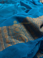 Firozi Pure Khaddi Georgette Handloom Banarasi Saree - Antique Zari